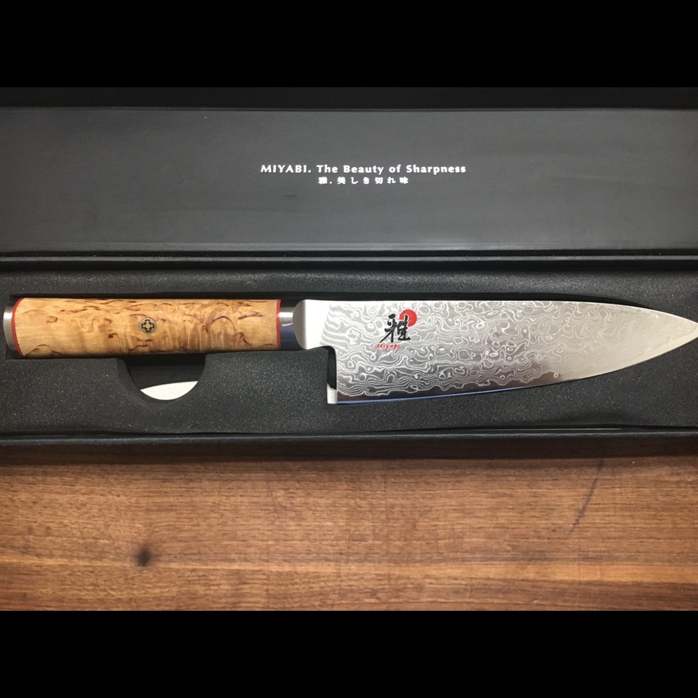 Miyabi Damascus chef knife in birch wood 8in